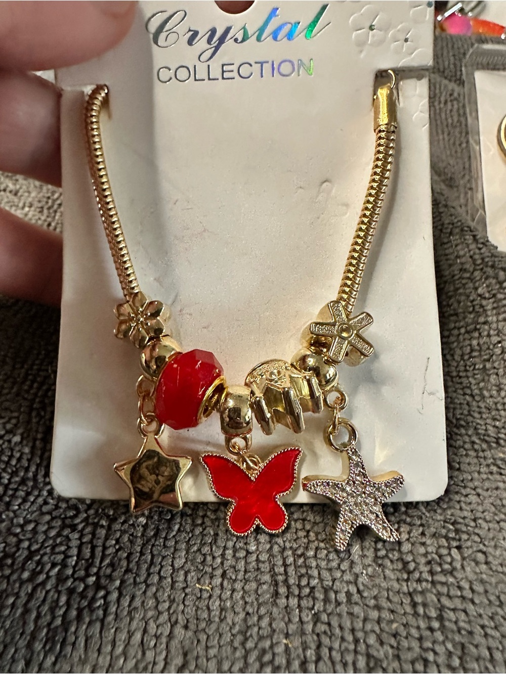 Butterfly Dsigns Gold Bracelet with Red Butterfly and Bead Charms